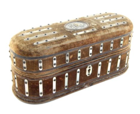 Late 19th century French dressing table box of rounded rectangular form covered in velvet with mother-of-pearl stays and a ca