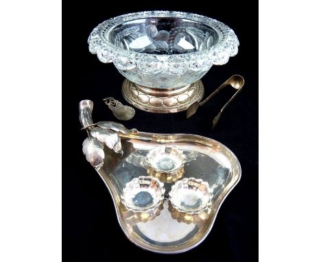 Fruit bowl with etched leaf and berry decoration and circular foot, silver tongs, caddy spoon, and other items 