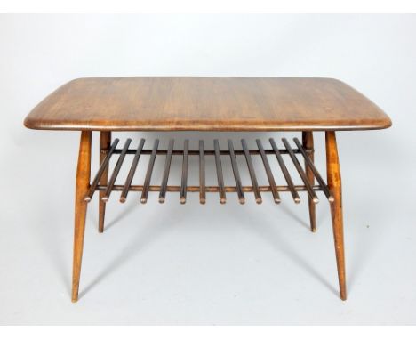 Elm rectangular coffee table in the manner of Ercol, raised on turned legs, 79cm w
