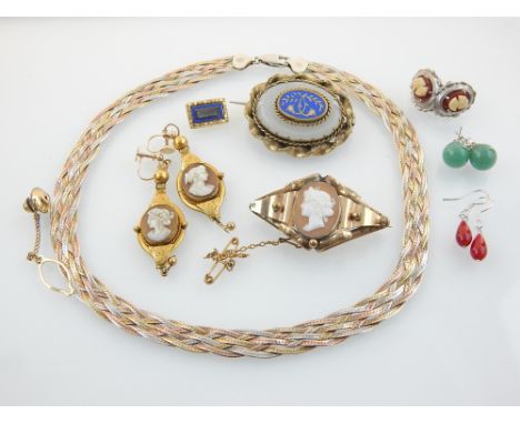 Cameo earrings in oval portrait setting, a cameo brooch, and other jewellery, including tri-colour silver necklace (9)