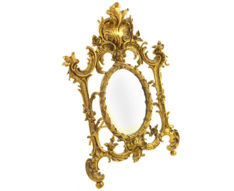 Rococo style gilt metal easel dressing table mirror the oval plate within a shell cast frame 30cm H 