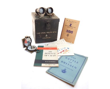 Quantity of assorted WWII ephemera, including equipment box, embroidered cards, pamphlets, a later compass, and a pair of ope
