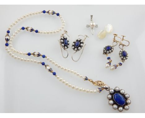 Lapis lazuli and pearl jewellery, necklace, silver earrings, costume pendant and ovals (5)