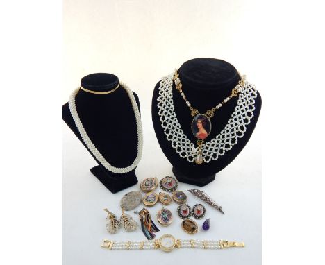 Pearl choker, lockets brooches and other costume jewellery, including a 9ct gold bracelet and a smoky topaz brooch