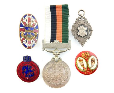 Churchill Crowns, 1971 USA eagle dollar, enamel Union Jack lapel badge West Hartlepool, silver sports award fob, and other co