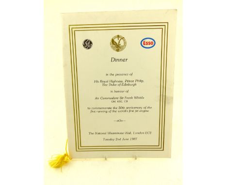 Aviation Interest, Frank Whittle, jet engine pioneer, signed dinner menu, c.1987, commemorating the 50th anniversary of the w