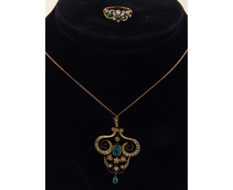 Belle epoque pearl and aquamarine pendant, on a fine chain, with a similar period pearl and turquoise ring, (2)
