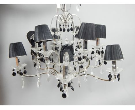 Thirteen branch crystal chandelier with black silk shades