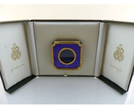 Kitney contemporary photograph frame, purple enamel mount, floral embellishment with laurel central ring, 5.9 x 5.9cm and cas