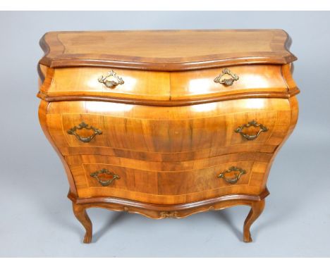 Late 20th C Dutch bombe commode, walnut crossbanded body with sycamore inlay, brass handles, two over two drawers, shaped apr
