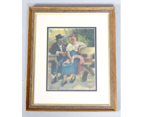20th century East European school, Figures on a Park Bench, oil on board, indistinctly signed lower left, 26 x 20cm 