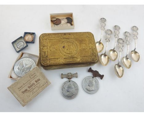 1914 Princess Mary Christmas tin containing a 1916 Jutland medallion with its silver miniature, two Victorian attendance meda