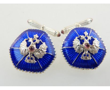 Pair of Russian silver and blue enamel cufflink's decorated with double headed eagle crest