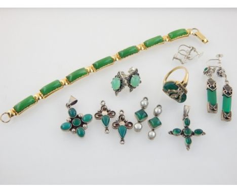 Silver and jade earrings, pendants, a jade and diamante ring, and a jade bracelet (8)