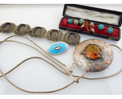Scottish silver 'shield' brooch, Glasgow 1952, turquoise earrings and studs, silver and turquoise guilloche enamel brooch, a 