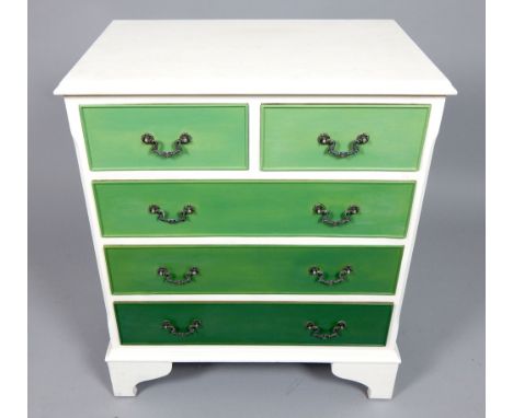 Green painted small chest of drawers, two over three drawers, bracket feet, 62cm w