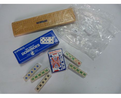 Imperial Dominoes, Pack of Playing Cards, Five Poker Dice and a Cribbage Board 