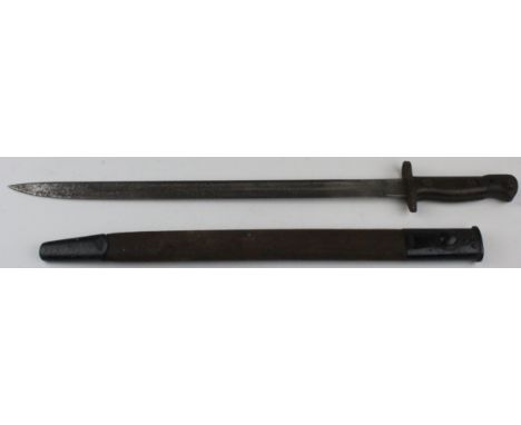 Bayonet: P'07 WW1 Bayonet by Wilkinson made in September 1918. Blade with surface rust. In its steel mounted leather scabbard