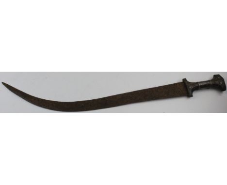 Sword: A Caucasian (?) hunting sword 18th/19th century sharply curved blade approx 22". Heavy relief of men hunting with dogs