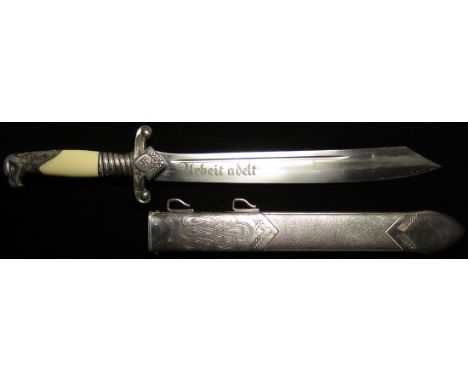 German Nazi RAD Leaders Dagger with scabbard, handle grips damaged. Blade maker marked ALCOSO Solingen.