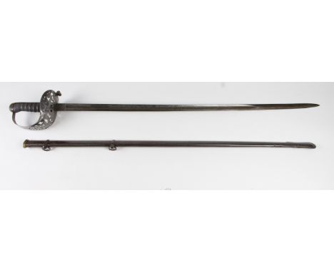 Sword: An Edward VII, 1821 Pattern Heavy Cavalry Officers sword. Single edged blade 35" etched with the E VII R Cipher. Ricas