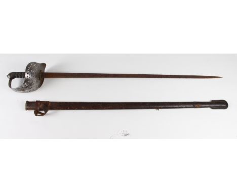 Sword: An 1895/97 Pattern Infantry Officers sword in its leather field service scabbard (tab a/f). Blade 32.5" (Heavy service