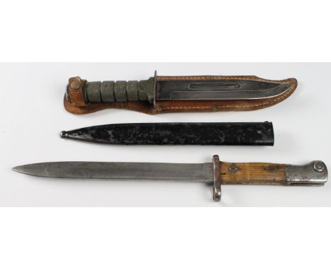 Knife/Bayonet: 1) A Mauser Export knife bayonet in its steel scabbard G.S. (frog stud loose). 2) A copy 'K.BAR' Bowie knife. 