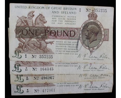 Warren Fisher One Pounds (4) All T24 "K" first series, average Fine