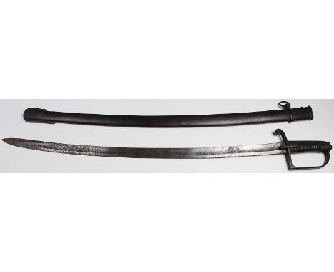 Sword: A Continental Sabre of the 19th century. Stirrup hilt with long slim langets & down turned quillon. Wirebound leather 
