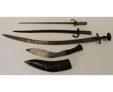 Bayonets: 1) French Model 1886 WW1 Epee bayonet. No scabbard. Worn. 2) French Model 1866 worn, no scabbard. 3) A Nepalese Kuk