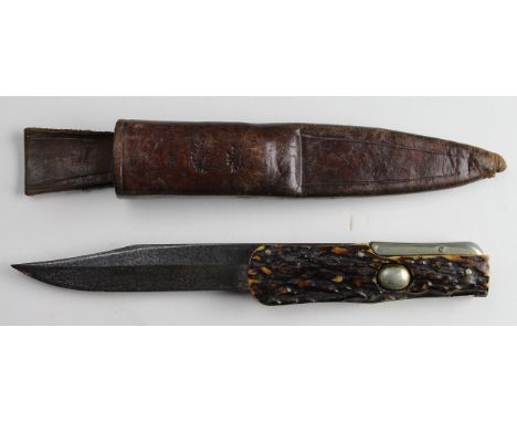 Knife: A good hunting knife: ricasso & leather sheath marked 'G. BUTLER Sheffield'. Blade 8" (4.5" folded) Staghorn grip, fol