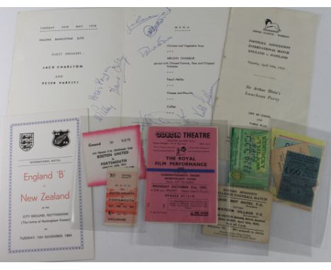 Football ephemera tickets and menus noted various on the ball tickets 1950's Southend, Charlton. Portsmouth away tickets at N