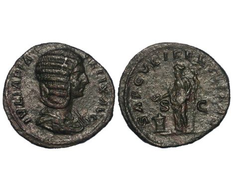 Julia Domna, dupondius/as, struck under Caracalla, Rome Mint 213 A.D., reverse:- Felicitas standing left, sacrificing over al