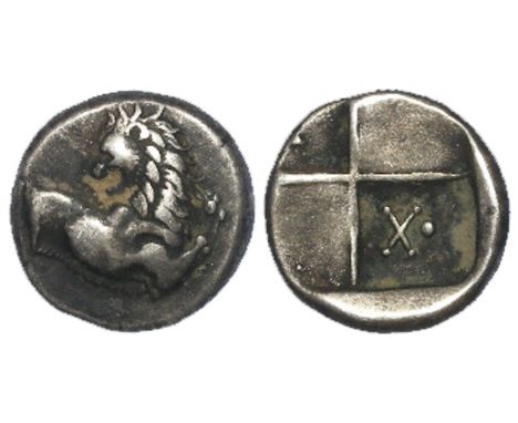 Ancient Greek silver half-drachm of Thrace, Cherronesus, Forepart of lion right, looking back / Square divided into four comp