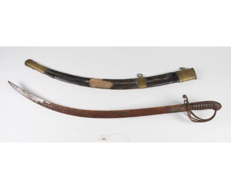 Sword: A European Cavalry sword. Heavy carved blade approx 32". (Heavy rusting) Triple bar hilt with ribbed wooden grip. No v