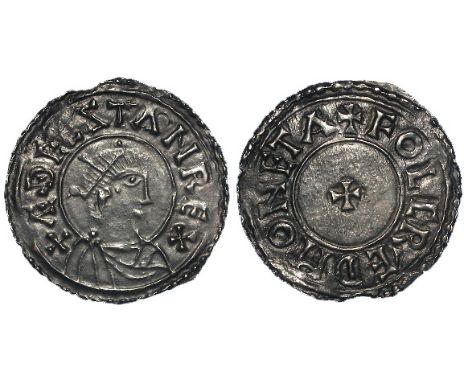 Aethelstan silver penny, Crowned bust right / Small Cross Type with no mint name, obverse reads:- +AEDELSTAN REX ['AE' ligula