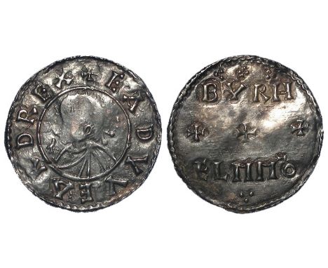 Edward the Elder silver penny, Bust left / Moneyer's name in two lines, obverse reads:- +EADVVEARD REX, reverse reads:- BYRHE