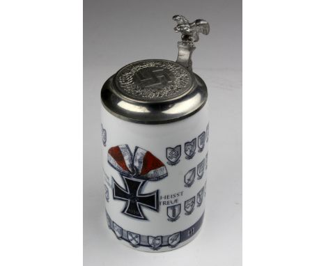 Germanic Stein featuring Knights Cross and SS Divisional Emblems. Issue marking and model pattern reference impressed to unde