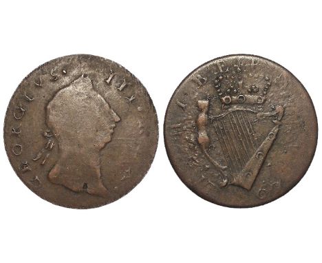 Ireland, a charmingly crude yet intricate forgery of a George III celtic harp Halfpenny 1769 on a thin flan.