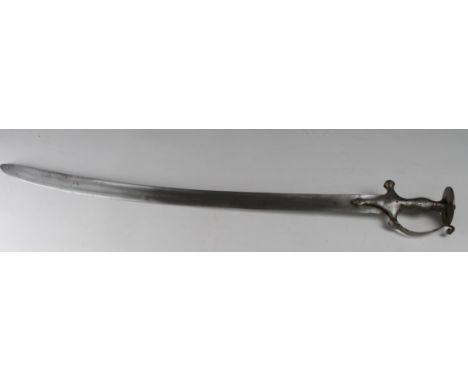 Sword: An Indian all steel Tulwar. Standard hilt with disc pommel, guard and long langets. Curved blade approx 30". Hatchet p