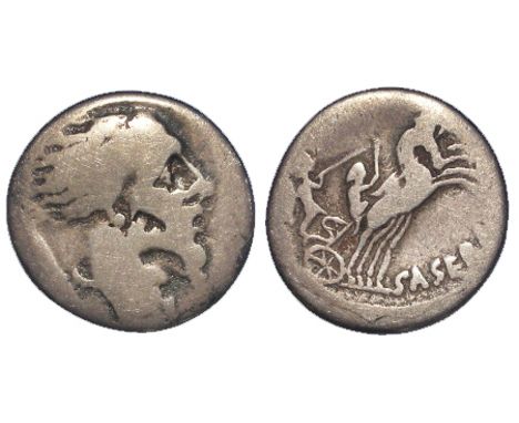 Roman Republican silver denarius of L.Hostilius Saserna, c.48 B.C., Bearded, Celtic head right with waxed hair, Gaulish Shiel