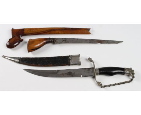 Knives: 1) A German (?) short hunting knife 'S' quillons with acorn finials. Ebony grip. Metal mounts & metal mounted leather