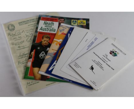 Australian Rugby tour to Wales and Ireland 1992. Facsimile Autograph Sheet issued as official production sold with rare menu 