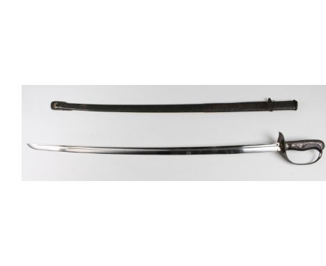Japanese Type 32 "KO" Army sword. Blade 32.75". SN: 9301 (no number visible on scabbard drag). Steel bowl guard lacks leather