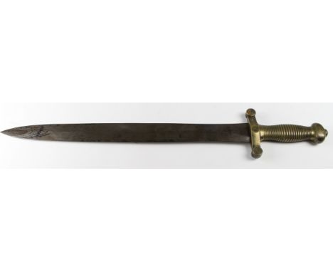 Sword: A French 'Gladius' pattern short sword. Ricasso marked 'JEAN' and oval inspection stamp. Blade 19". Ribbed brass grip.