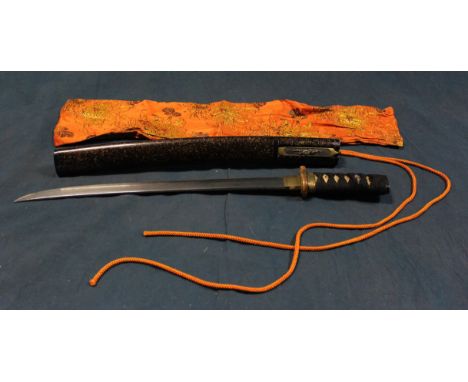 Sword/Knive: an Edo Wak blade 14.5" with attractive scabbard. The Fuchi is gilt brass, with Kashira from wood and Menuki silv