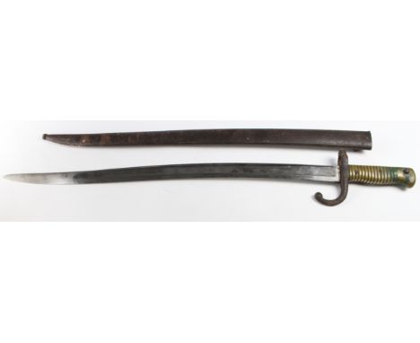 Bayonet: A French Model 1866 Sabre Bayonet in its steel scabbard. Light to medium pitting to external steel parts. Blade mark