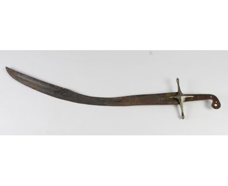 Sword: A good Turkish Shamshir. Curved ribbed back, chipped back blade 27" approx. Engraved silver coloured langets & quillon