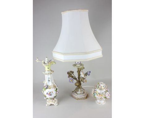 A Capodimonte porcelain table lamp with bocage flowers and ormolu stems and leaves, a Coalbrookdale, Coalport jar and cover w