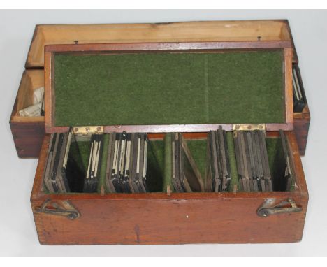 Two boxes of magic lantern slides, one containing approx. 42 slides some relating to Padiham and Pendle/East Lancs, titles in